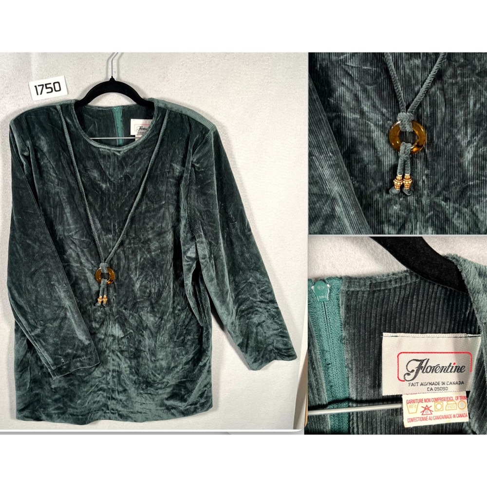 Vintage Corduroy‎ Florentine Top Women 14 Green Ribbed Velvet Back Zip Tassel